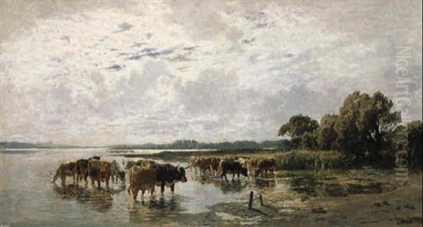 An Der Tranke: Rinder Am Wasser Oil Painting by Hermann Baisch