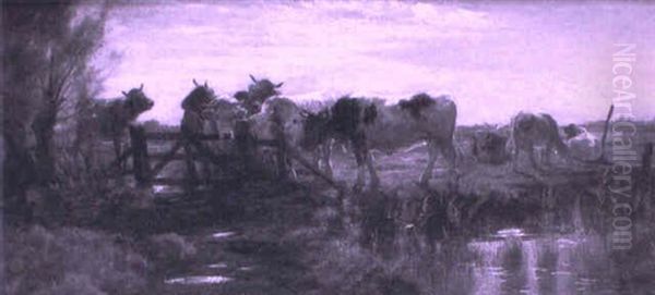 Cattle By A Stream In A Landscape Oil Painting by Hermann Baisch