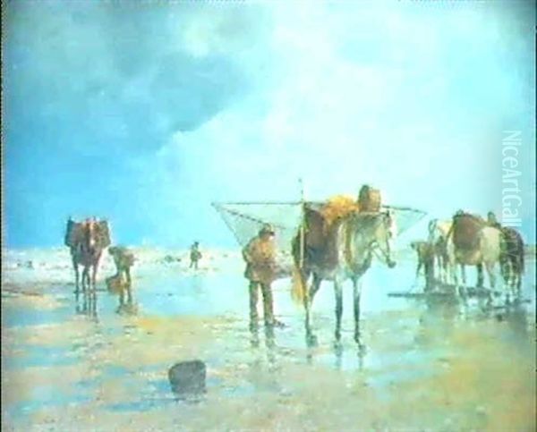 Crevetten- Und Tangfischer Mit Ihren Pferden Bei Ebbe Am    Strand Oil Painting by Hermann Baisch