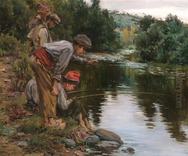 Ninos De Pesca Oil Painting by Juan Baixas-Garrate