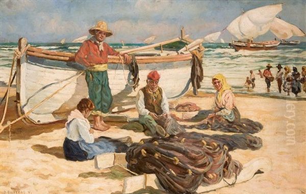 Pesacadores En La Playa Oil Painting by Dionisio Baixeras y Verdaguer