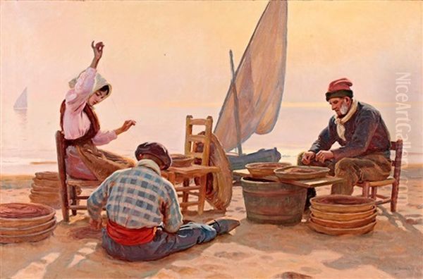 Pescadores En La Playa Oil Painting by Dionisio Baixeras y Verdaguer