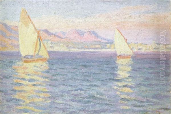 Marina Con Veleros Al Atardecer Oil Painting by Dionisio Baixeras y Verdaguer