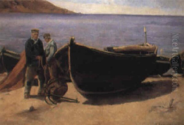 Pescadores Junto A Las Barcas Varadas Oil Painting by Dionisio Baixeras y Verdaguer