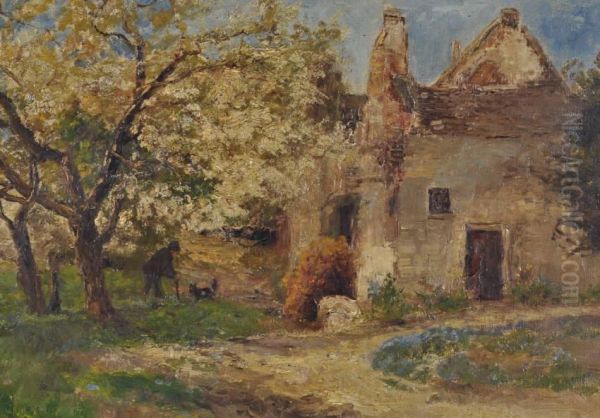 Figure Outside An Old Stone Cottage Oil Painting by John Clayton Adams