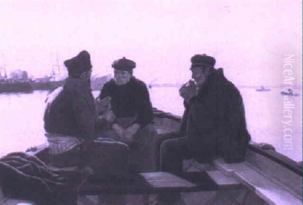 Three Fishermen In A Boat Oil Painting by Dionisio Baixeras y Verdaguer