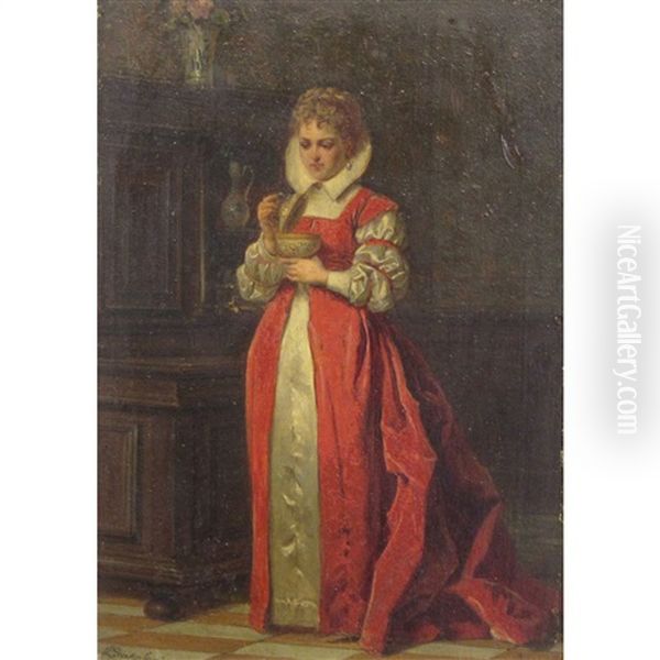 Lady In Red Holding A Covered Cup Oil Painting by Ladislaus Bakalowicz