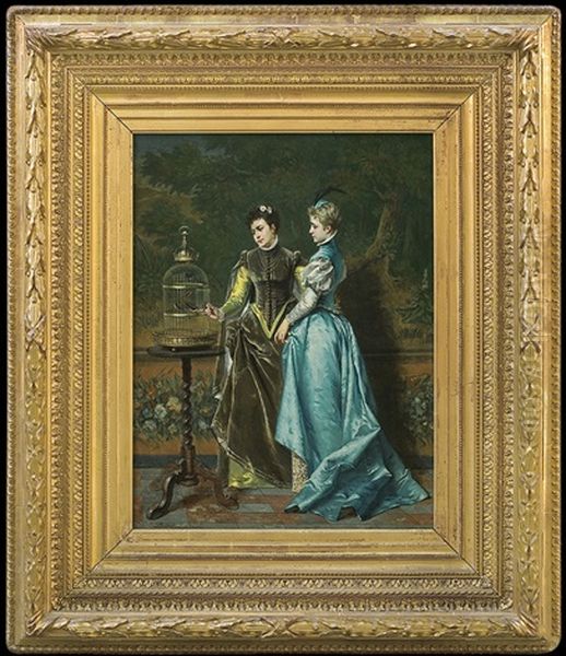 Lady Beside Birdcage Oil Painting by Ladislaus Bakalowicz