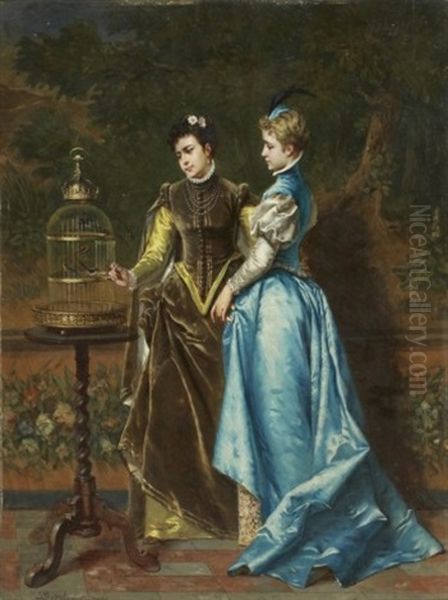 Eleganta Damer Med Fagelbur Oil Painting by Ladislaus Bakalowicz