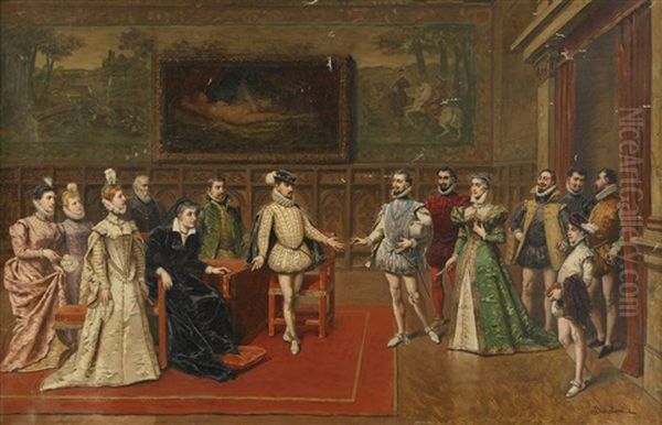 Slottsinterior Med Historisk Scen Oil Painting by Ladislaus Bakalowicz