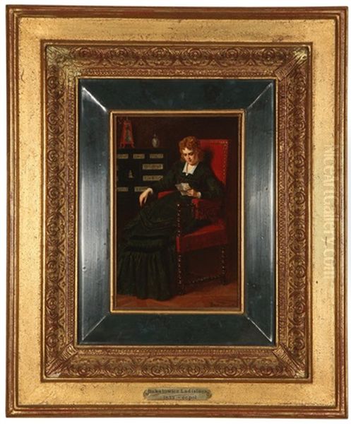 Woman Seated Reading A Letter Before An Ebonized Chinese Cabinet Oil Painting by Ladislaus Bakalowicz