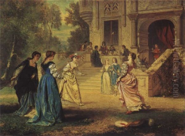 Courtly Ladies Playing Badmington Oil Painting by Ladislaus Bakalowicz