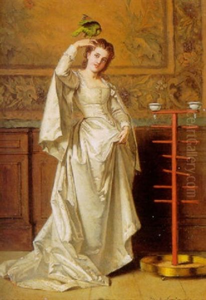 A Woman In A White Dress Holding A Parrot Oil Painting by Ladislaus Bakalowicz