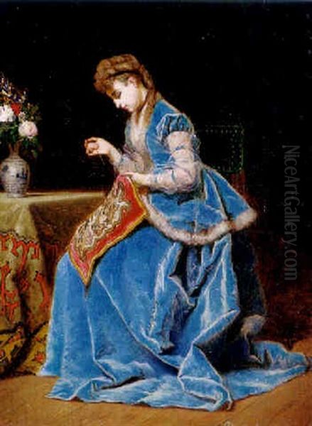 Junge Frau Im Pelzverbramten Samtkleid Beim Sticken Oil Painting by Ladislaus Bakalowicz