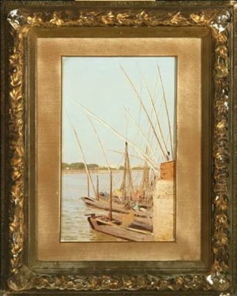 Scenery At The Nile With Boats At The Quayside Oil Painting by Stephan Wladislawowitsch Bakalowicz