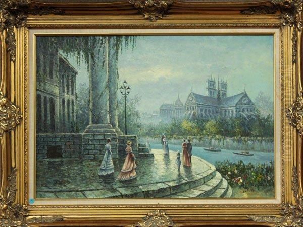 Ladies Walk By The Seine Oil Painting by John Wolcott Adams