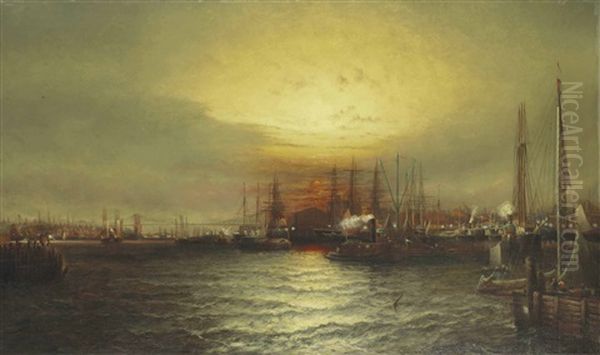 Sunrise From Chapman Dock And Old Brooklyn Navy Yard, East River, New York Oil Painting by Elisha Taylor Baker