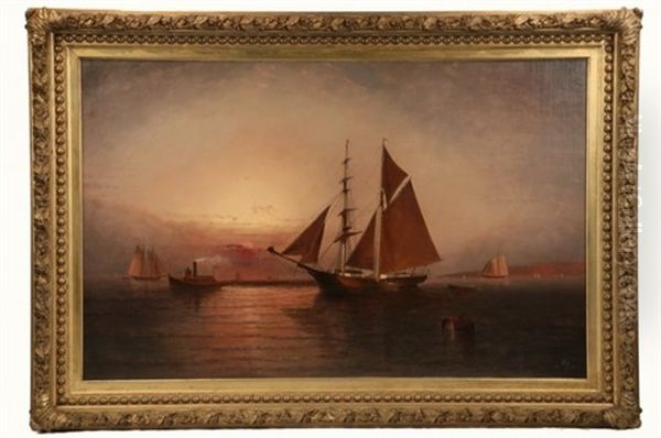 Brigantine And Tug Entering Harbor At Dusk Oil Painting by Elisha Taylor Baker