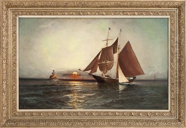 Tug And Schooner Along A Coast At Sunset Oil Painting by Elisha Taylor Baker