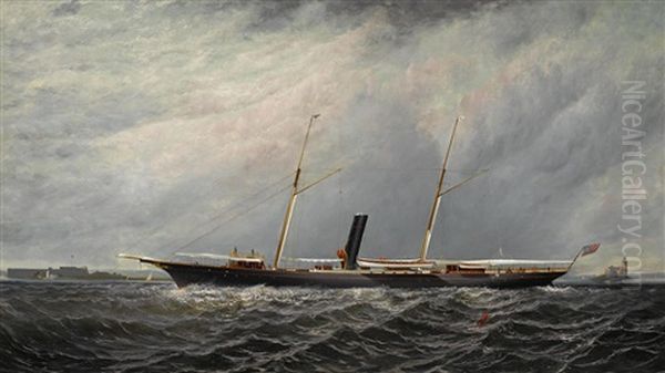 The Yacht Stranger Of The New York Yacht Club Off Execution Lighthouse Oil Painting by Elisha Taylor Baker