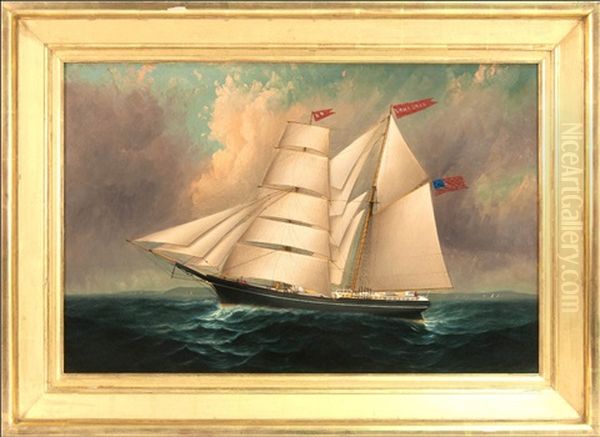 Portrait Of The Brigantine Emma Dean Under Full Sail With Coast In Distance Oil Painting by Elisha Taylor Baker