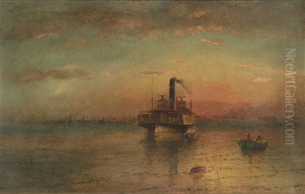 Ferry Departing, Castle Clinton, New York Harbor Oil Painting by Elisha Taylor Baker