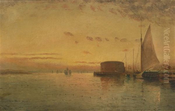 Ferry Arriving, Castle Clinton, New York Harbor Oil Painting by Elisha Taylor Baker