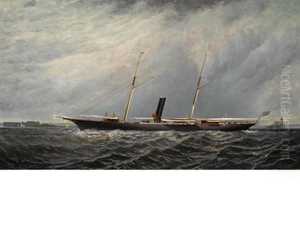 The Yacht Stranger Of New York Yacht Club Off Execution Lighthouse Oil Painting by Elisha Taylor Baker