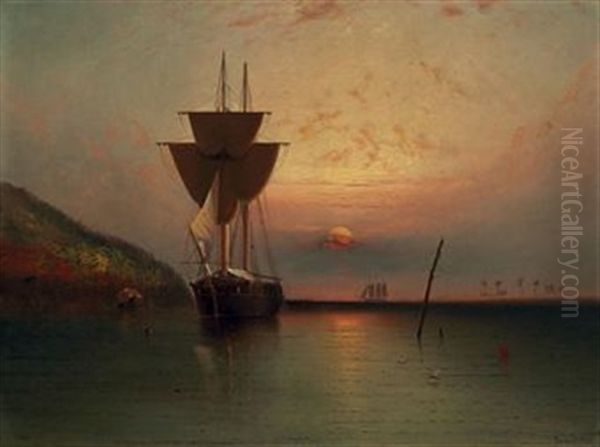 Ship In A Tropical Sunset Oil Painting by Elisha Taylor Baker