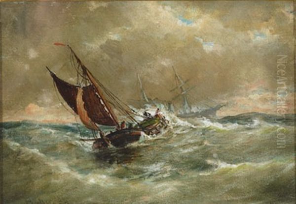 Ships In Heavy Seas Oil Painting by Elisha Taylor Baker