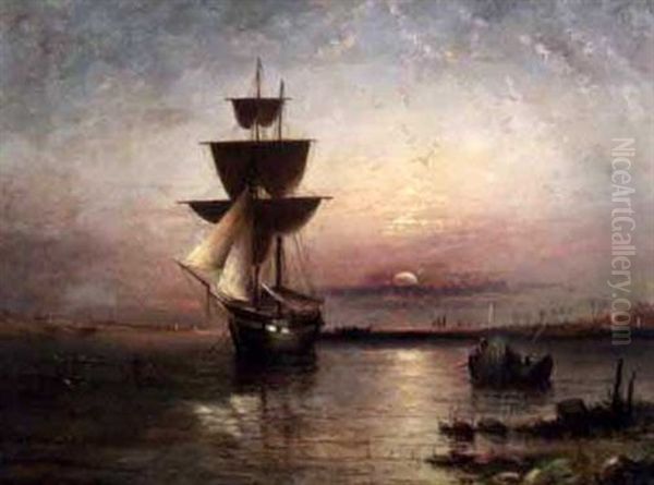 Ship In A Tropical Setting At Sunset Oil Painting by Elisha Taylor Baker