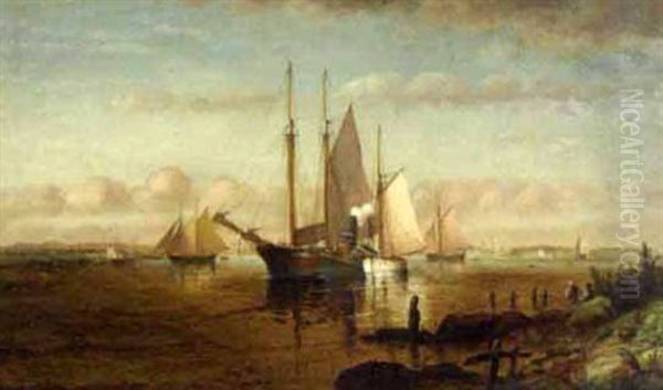 Schooners, Fishing Boats And Tug In A Harbor Oil Painting by Elisha Taylor Baker