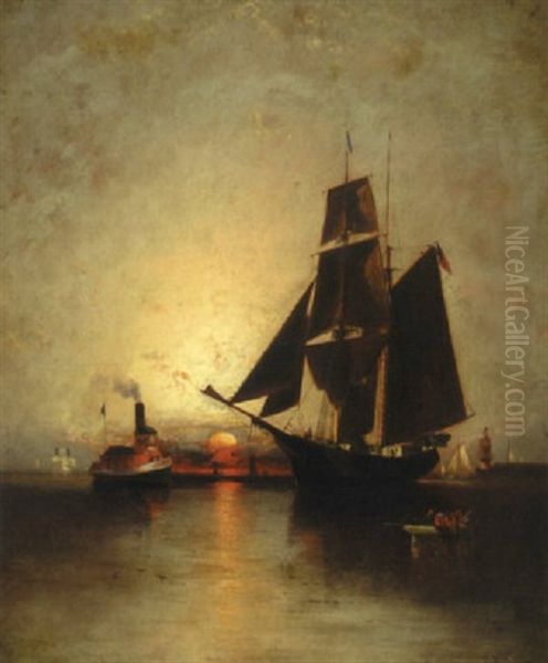 Harbor Scene At Dusk Oil Painting by Elisha Taylor Baker