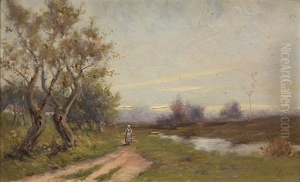 Figure Walking On A Path By A Stream Oil Painting by Ellen Kendall Baker