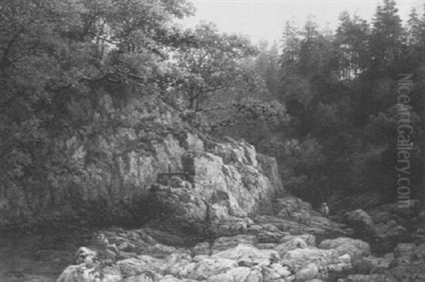 An Angler In A Rocky River Landscape Oil Painting by Samuel Henry Baker