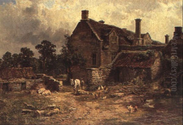 A Farmyard Scene Oil Painting by Samuel Henry Baker