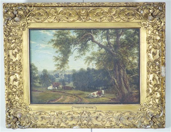 Cattle In A Woodland Landscape Oil Painting by Thomas Baker