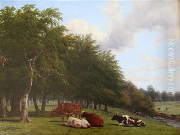 Cattle In Wooded Pasture Oil Painting by Thomas Baker