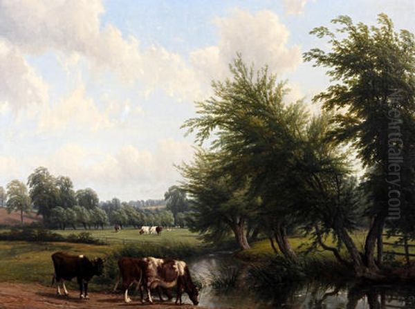 Cattle Watering By A Stream In A Wooded Landscape Oil Painting by Thomas Baker