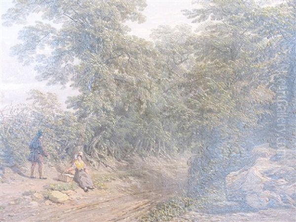 Figures On A Woodland Track Oil Painting by Thomas Baker