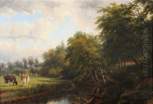 Cattle In A Meadow Beside A Tree-lined River Oil Painting by Thomas Baker