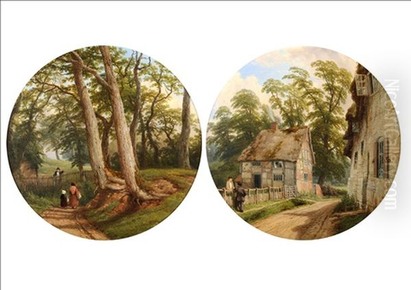 Birdingbury, Warwickshire (+ Figures On A Path Beside Trees; Pair) Oil Painting by Thomas Baker