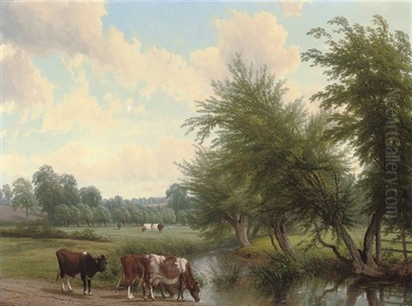 Cattle Watering In A Lush River Landscape Oil Painting by Thomas Baker