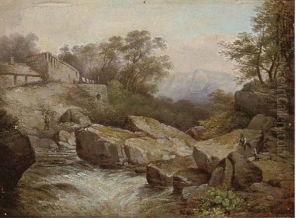 Figures By A Cottage Beside A River In Spate Oil Painting by Thomas Baker