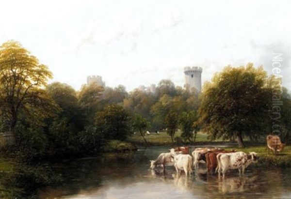 Mill Pond With Cows, Warwick Castle Beyond Oil Painting by Thomas Baker