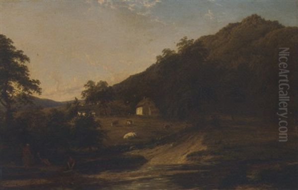 Figures By A River With Cottages Beyond Oil Painting by Thomas Baker