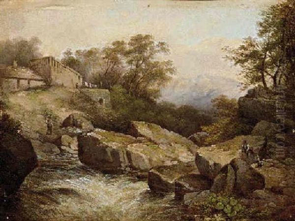 Boys By A Rocky River In A Mountainous Landscape Oil Painting by Thomas Baker