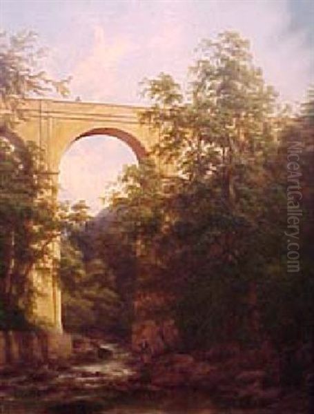 Fisherman Beneath The Aquaduct Oil Painting by Thomas Baker