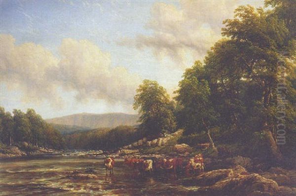 Cattle Watering In A Tranquil River Oil Painting by Thomas Baker