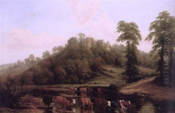 Cattle Watering Beneath Goodwich Castle On The Wye Oil Painting by Thomas Baker